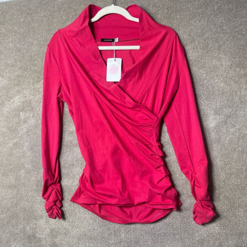 Luxveer Top Womens M Red Wrap V Neck Ruched Long Sleeve Casual Modern Chic